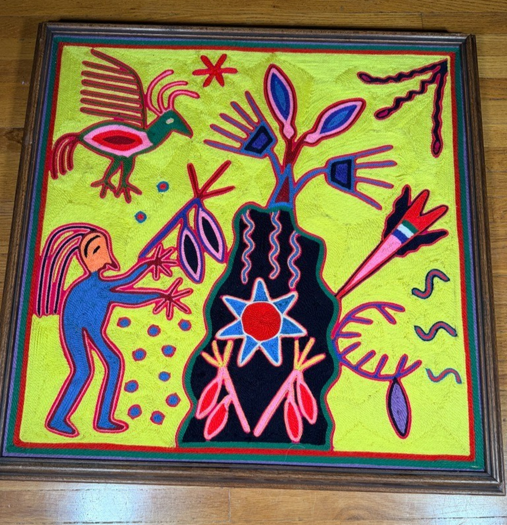 Vintage Huichol Wixárika Yarn Painting Mexican Folk Art Framed 25x25